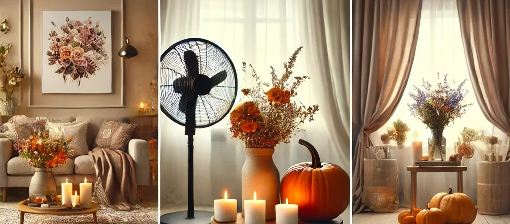 Dall·e 2025 03 20 11.58.47 a modern apartment decorated for different seasons. the image features a cozy living space with seasonal elements a warm throw and candles for winter